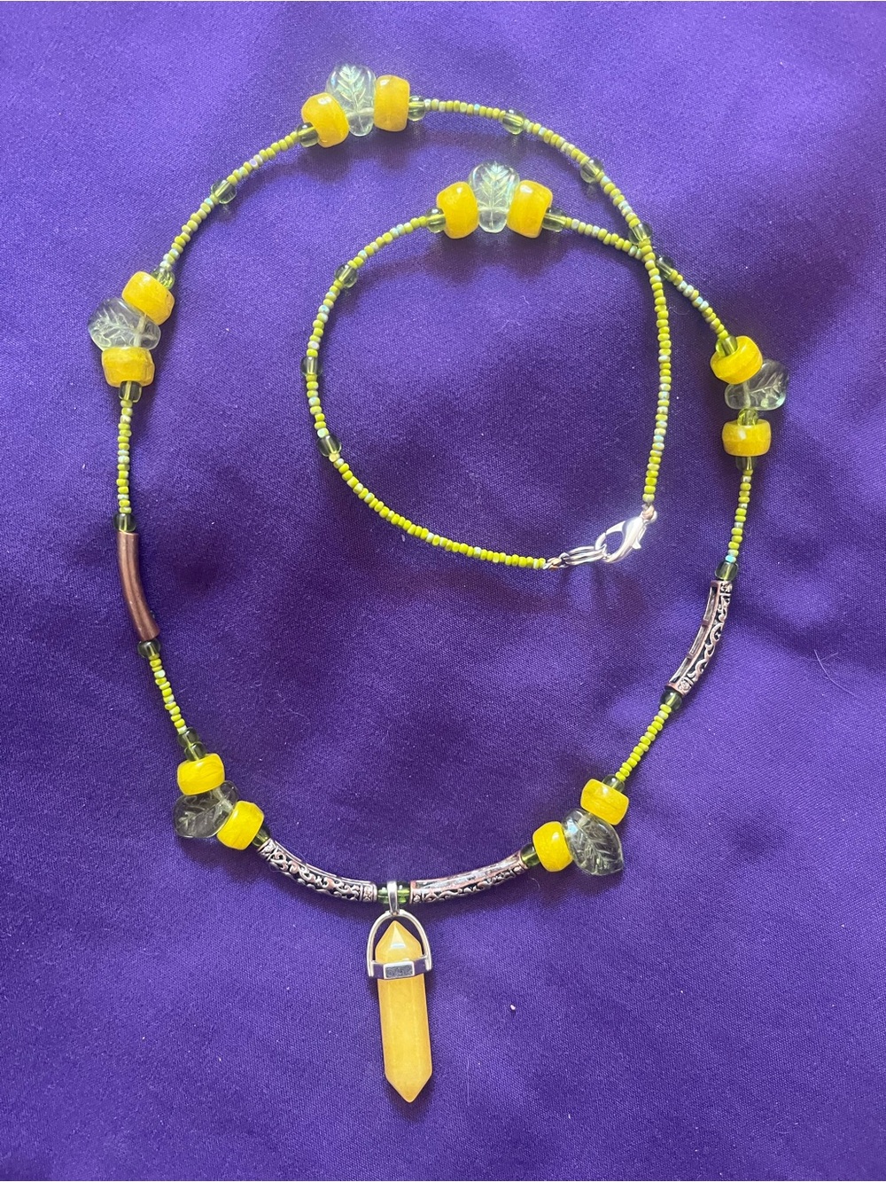 Handmade Yellow and Green Glass Bead Pendant Necklace